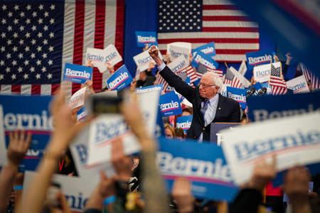 Sen. Bernie Sanders (I-Vt.)  pumps his fist after being declared the victor of the New Hampshire Democratic primary election in Manchester, N.H. on Feb. 11, 2020.