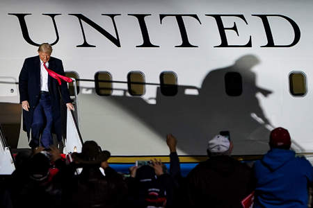 President Donald Trump departs Air Force One at the John Murtha Johnstown-Cambria County Airport in Johnstown, Pa. on Oct. 13, 2020.