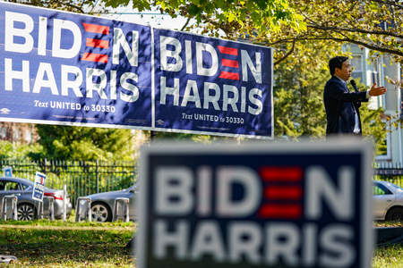 Andrew Yang speaks during a campaign event for Joe Biden and Kamala Harris at Clark Park in Philadelphia, Pa. on Oct. 18, 2020.