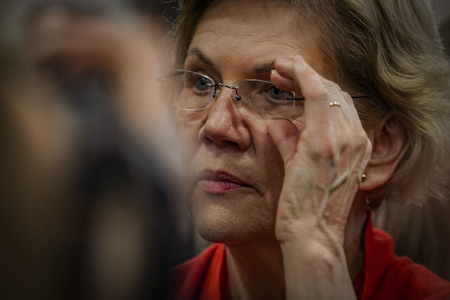 Sen. Elizabeth Warren (D-Mass.) adjusts her glasses after a town hall event in Lebanon, N.H. on Feb. 9, 2020.