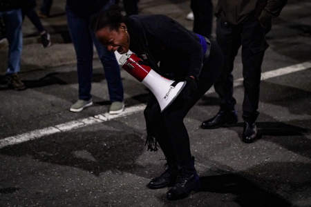 YahNe Ndgo leads a chant of "say his name! Walter Wallace!" during a joint Black Lives Matter and Count Every Vote protest in Philadelphia, Pa. on Nov. 4, 2020.