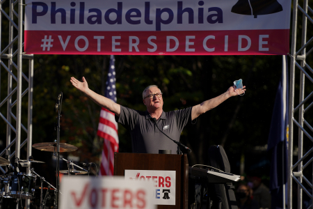 Philadelphia Mayor Jim Kenney speaks during the celebrations after Joe Biden was projected to be the president-elect. "We can't gloat too much, since we have to bring the country back together," Kenney said at Independence Mall in Philadelphia, Pa. on Nov. 7, 2020.