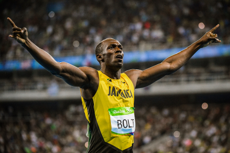 Usain Bolt of Jamaica celebrates after winning gold in the men's 200m final at the Olympic Stadium in Rio de Janeiro, Brazil on Aug. 18, 2016.