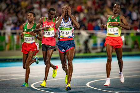 Mo Farah of Great Britain reacts after winning the men's 10,000m final at the Olympic Stadium in Rio de Janeiro, Brazil on Aug. 13, 2016.