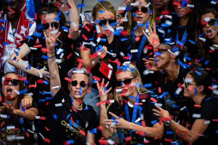 Members of the U.S. women's soccer team pose in front of City Hall after a ticker tape parade to celebrate their FIFA Women's World Cup victory in New York, N.Y. on July 10, 2019.