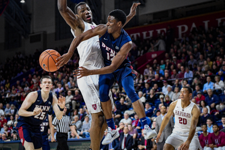 University of Pennsylvania guard Devon Goodman attempts a pass during a game against the Harvard Crimson at the Palestra in Philadelphia, Pa. on Feb. 24, 2018.