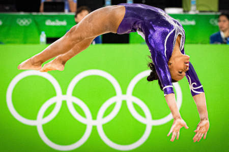 Rebecca Andrade of Brazil performs on the floor during the women's gymnastics all-around final in Rio de Janeiro, Brazil on Aug. 11, 2016.