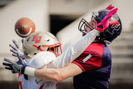 University of Pennsylvania wide receiver Brendan McCaffrey attempts to make a touchdown catch during a game against Caldwell University at Franklin Field in Philadelphia, Pa. on Oct  20, 2018.