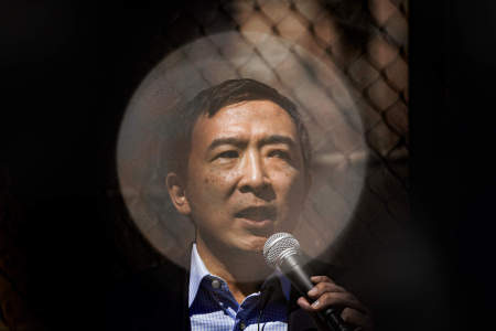 New York City mayoral candidate Andrew Yang speaks during a Stop the Hate rally at Columbus Park in New York, N.Y. on March 21, 2021. A series of demonstrations and vigils were held in New York City and across the U.S. in response to a series of shootings in Atlanta, Ga. that killed eight people, including six Asian women.